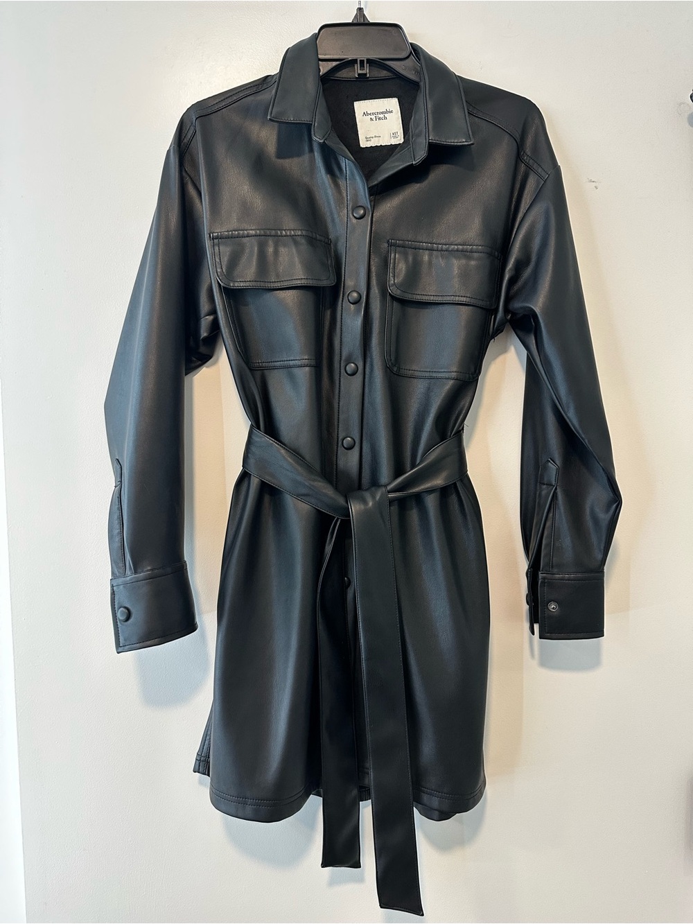 Abercrombie & Fitch Black Faux Leather Belted Long-Sleeve Dress